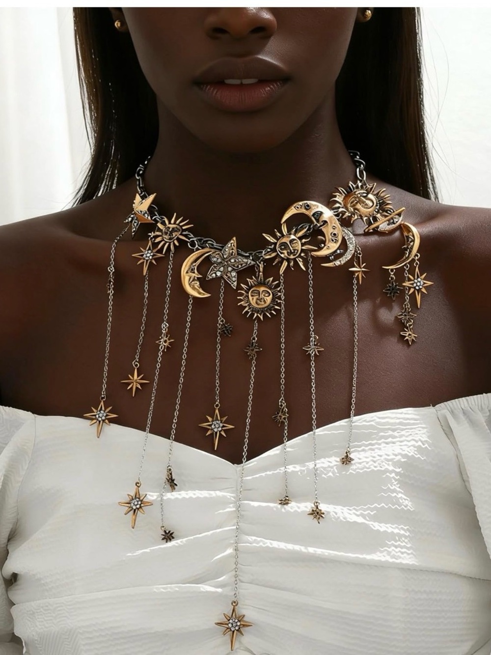 Retro Sun & Moon Statement Necklace - Silver & Gold - Picture 3 of 6